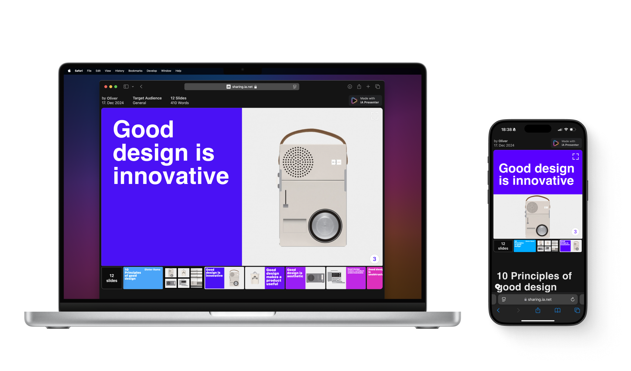 A MacBook and an iPhone showcasing a presentation shared with iA Presenter's websharing