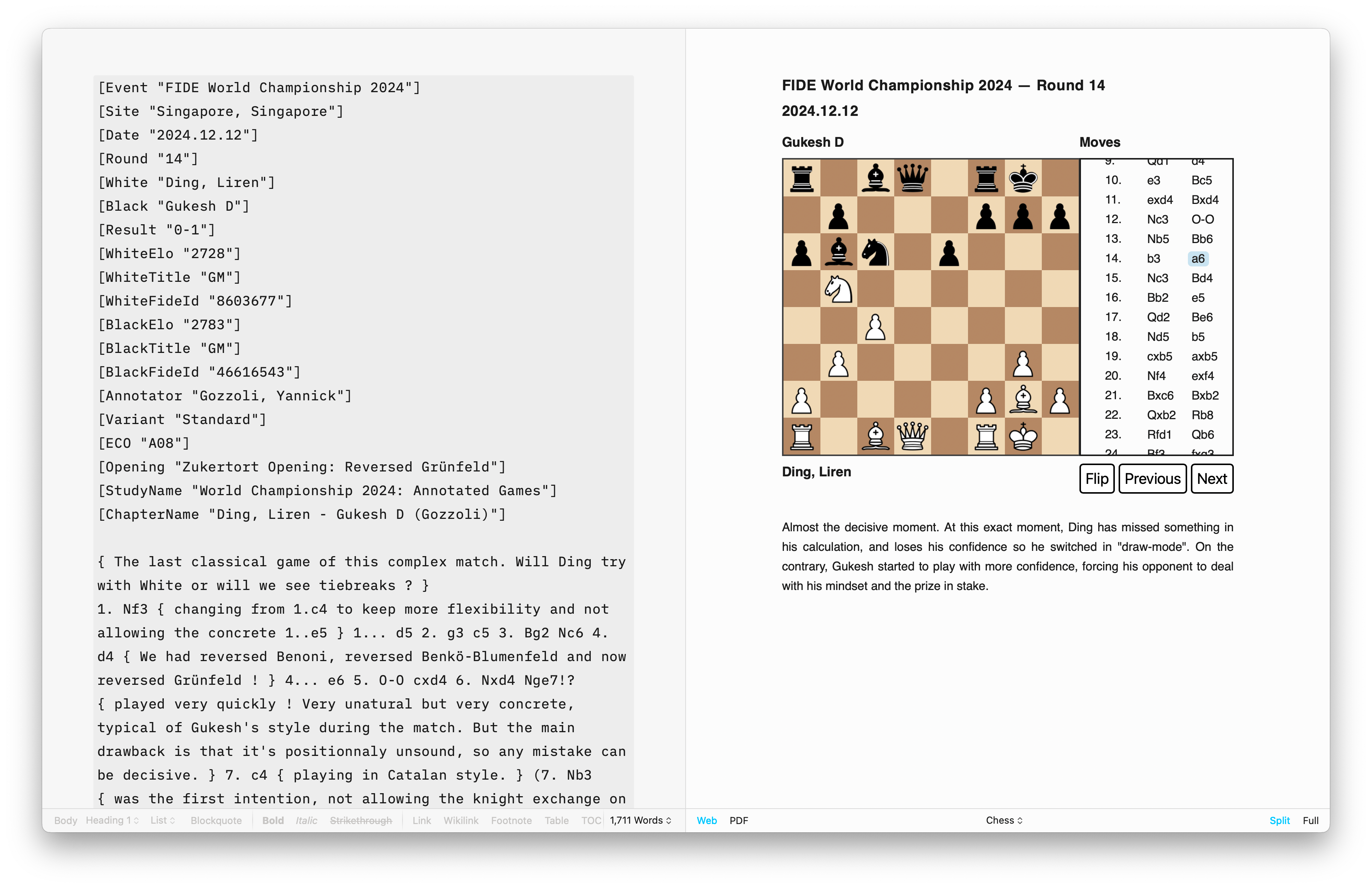 Chess template beside a loaded pgn file in iA Writer Editor